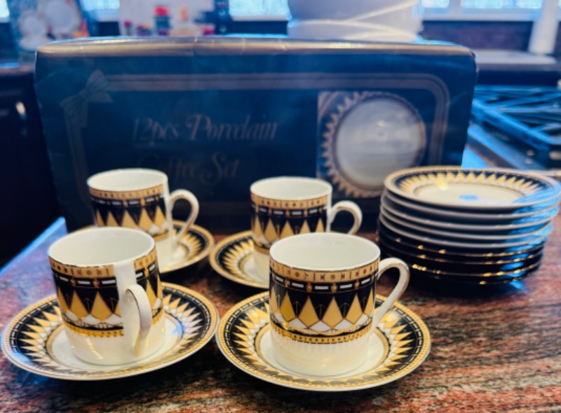 Photo 1 of NIB 12 PC PORCELAIN COFFEE SET W. ADDITIONAL COFFEE SETS & PLATES