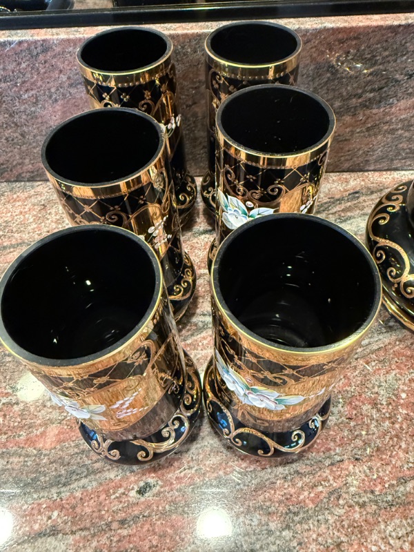 Photo 1 of HANDMADE KYSELIA BOHEMIAN CZECH REPUBLIC COBALT BLUE W GOLD ACCENT PITCHER & 6 DRINKING GLASSES