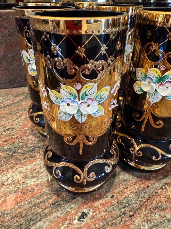 Photo 1 of HANDMADE KYSELIA BOHEMIAN CZECH REPUBLIC COBALT BLUE W GOLD ACCENT PITCHER & 6 DRINKING GLASSES