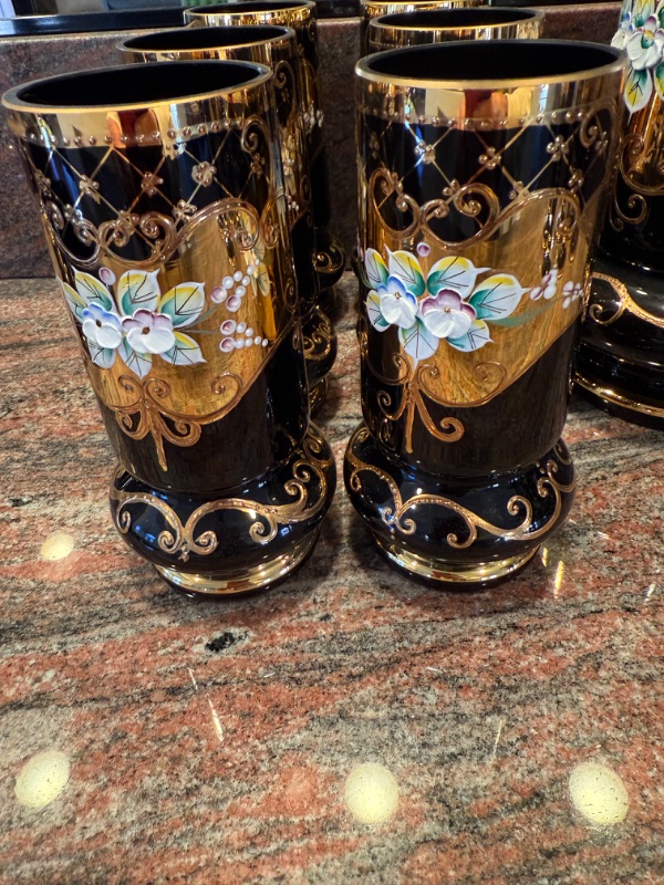 Photo 1 of HANDMADE KYSELIA BOHEMIAN CZECH REPUBLIC COBALT BLUE W GOLD ACCENT PITCHER & 6 DRINKING GLASSES