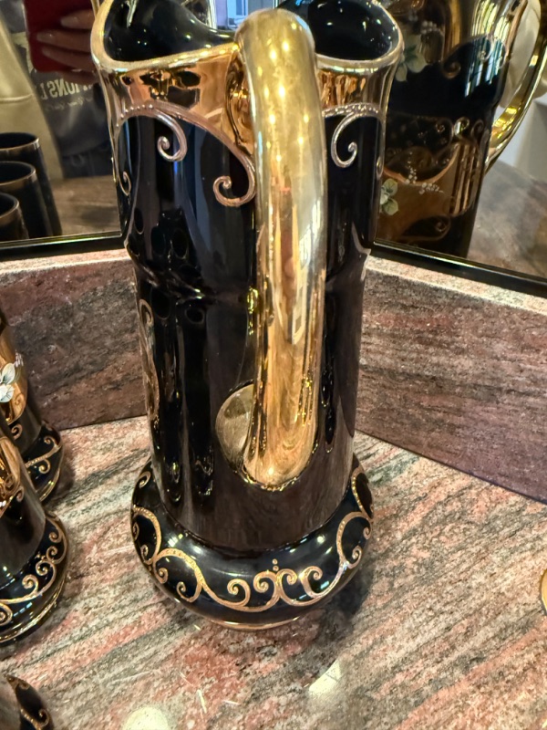 Photo 1 of HANDMADE KYSELIA BOHEMIAN CZECH REPUBLIC COBALT BLUE W GOLD ACCENT PITCHER & 6 DRINKING GLASSES