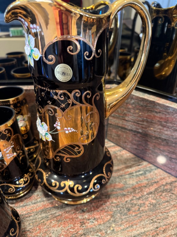 Photo 1 of HANDMADE KYSELIA BOHEMIAN CZECH REPUBLIC COBALT BLUE W GOLD ACCENT PITCHER & 6 DRINKING GLASSES