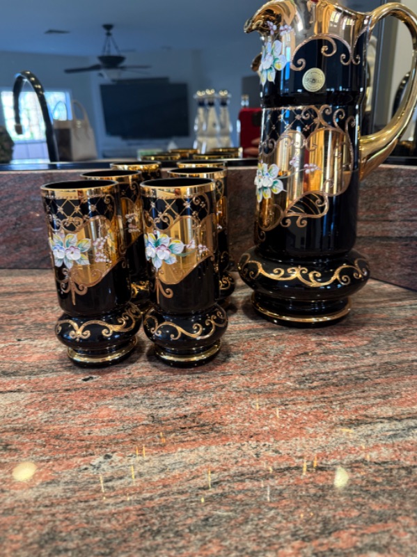 Photo 1 of HANDMADE KYSELIA BOHEMIAN CZECH REPUBLIC COBALT BLUE W GOLD ACCENT PITCHER & 6 DRINKING GLASSES