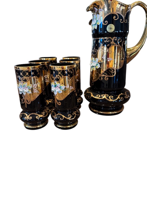 Photo 1 of HANDMADE KYSELIA BOHEMIAN CZECH REPUBLIC COBALT BLUE W GOLD ACCENT PITCHER & 6 DRINKING GLASSES