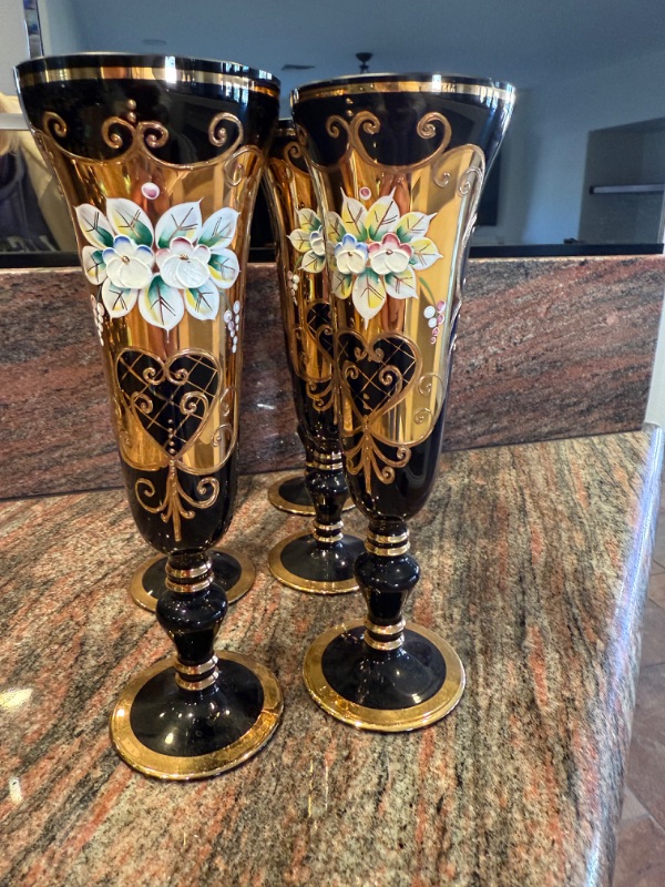 Photo 1 of 6-HANDMADE BOHEMIAN CZECH CRYSTAL COBALT BLUE W GOLD CHAMPAGNE FLUTES