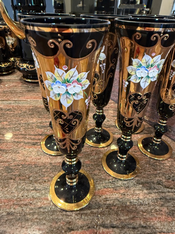 Photo 1 of 6-HANDMADE BOHEMIAN CZECH CRYSTAL COBALT BLUE W GOLD CHAMPAGNE FLUTES