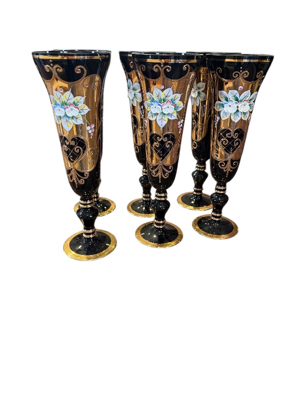 Photo 1 of 6-HANDMADE BOHEMIAN CZECH CRYSTAL COBALT BLUE W GOLD CHAMPAGNE FLUTES