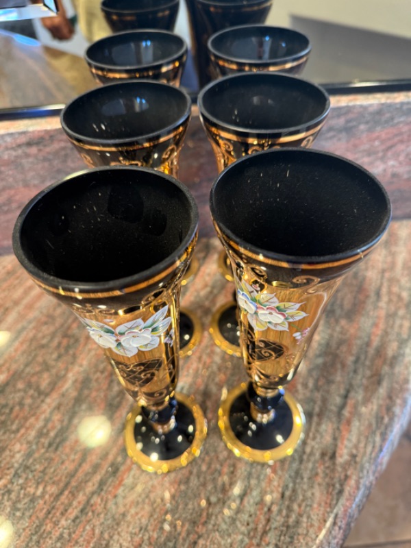 Photo 1 of 6-HANDMADE BOHEMIAN CZECH CRYSTAL COBALT BLUE W GOLD CHAMPAGNE FLUTES