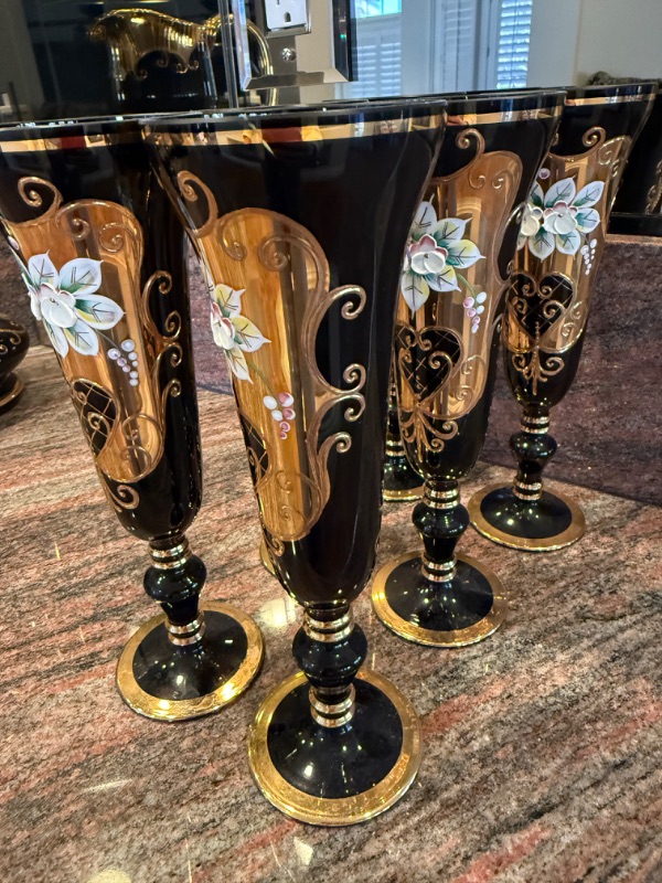 Photo 1 of 6-HANDMADE BOHEMIAN CZECH CRYSTAL COBALT BLUE W GOLD CHAMPAGNE FLUTES