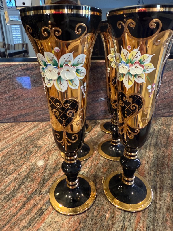 Photo 1 of 6-HANDMADE BOHEMIAN CZECH CRYSTAL COBALT BLUE W GOLD CHAMPAGNE FLUTES