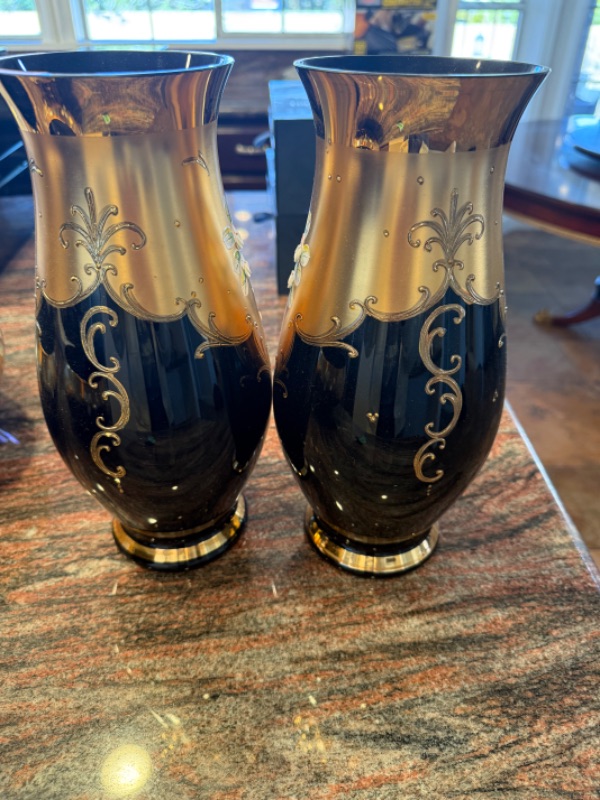 Photo 1 of 2-HANDMADE CZECH BOHEMIAN CRYSTAL COBALT BLUE & GOLD W OVERLAY APPLIED ENAMEL FLOWERS VASES H12"