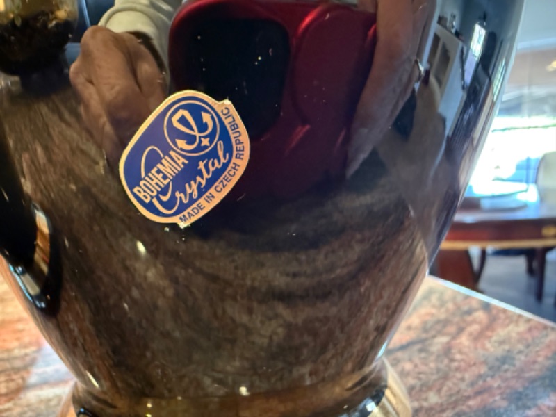 Photo 1 of 2-HANDMADE CZECH BOHEMIAN CRYSTAL COBALT BLUE & GOLD W OVERLAY APPLIED ENAMEL FLOWERS VASES H12"