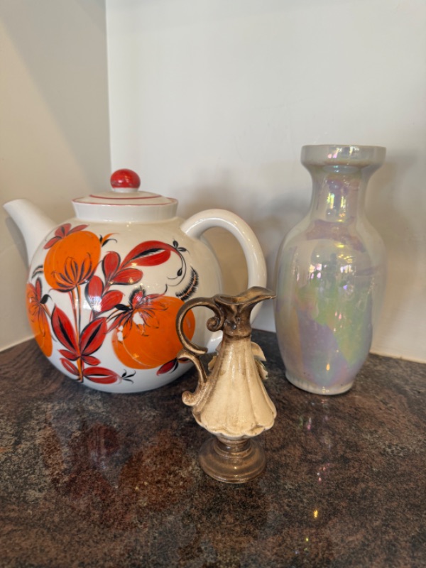 Photo 1 of CERAMIC FLORAL TEA POT, VASE & VINTAGE CREAMER