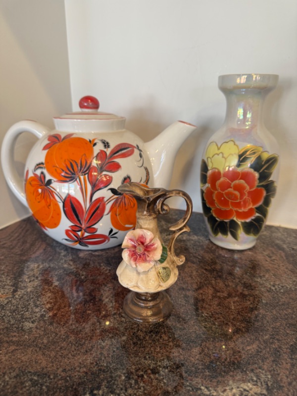 Photo 1 of CERAMIC FLORAL TEA POT, VASE & VINTAGE CREAMER