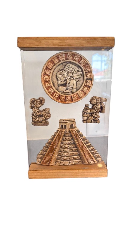 Photo 1 of DOUBLE GLASS & WOOD FRAMED CHICHEN ITZA MEZOAMERICAN DESKTOP DISPLAY H12"