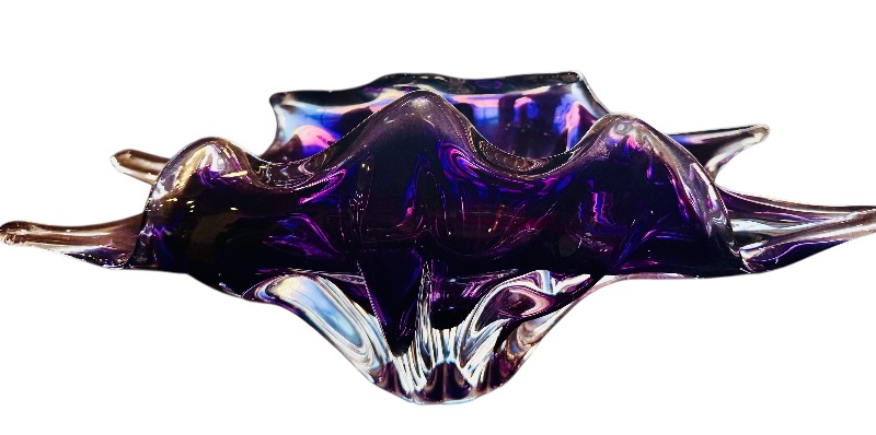 Photo 1 of BOHEMIAN CZECH FREE BLOWN ART GLASS PURPLE CLEAR BOWL 18” x 7”