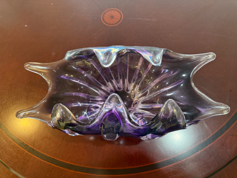 Photo 1 of BOHEMIAN CZECH FREE BLOWN ART GLASS PURPLE CLEAR BOWL 18” x 7”