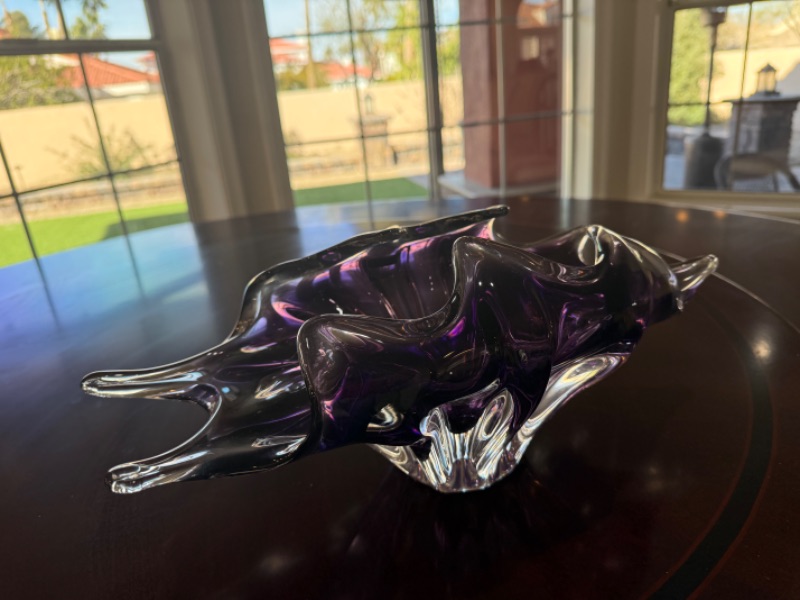 Photo 1 of BOHEMIAN CZECH FREE BLOWN ART GLASS PURPLE CLEAR BOWL 18” x 7”