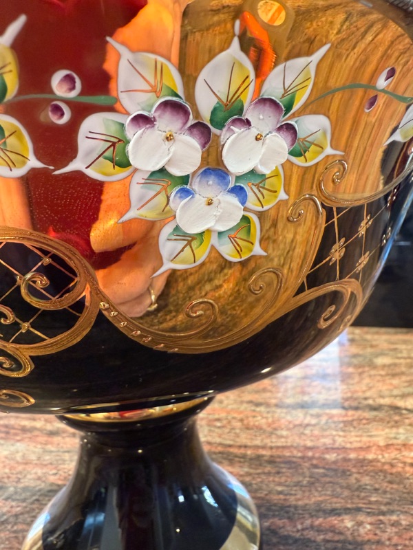 Photo 1 of HAND MADE BOHEMIAN CRYSTAL COBALT BLUE W GOLD SCALLOPED FOOTED BOWL