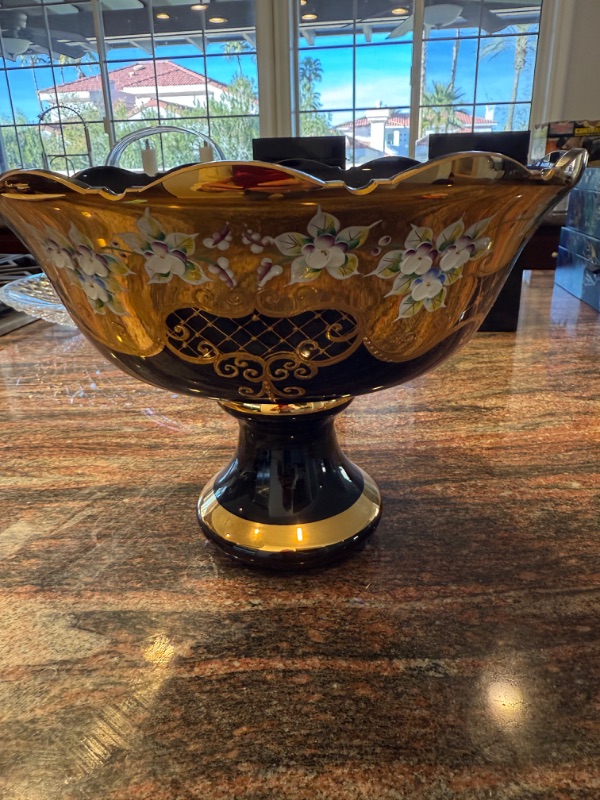 Photo 1 of HAND MADE BOHEMIAN CRYSTAL COBALT BLUE W GOLD SCALLOPED FOOTED BOWL