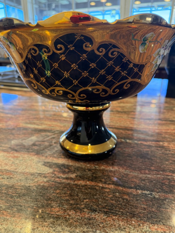 Photo 1 of HAND MADE BOHEMIAN CRYSTAL COBALT BLUE W GOLD SCALLOPED FOOTED BOWL