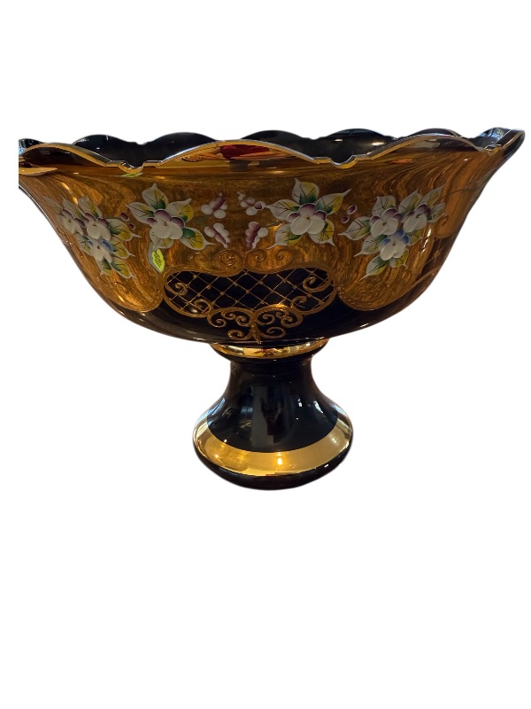 Photo 1 of HAND MADE BOHEMIAN CRYSTAL COBALT BLUE W GOLD SCALLOPED FOOTED BOWL