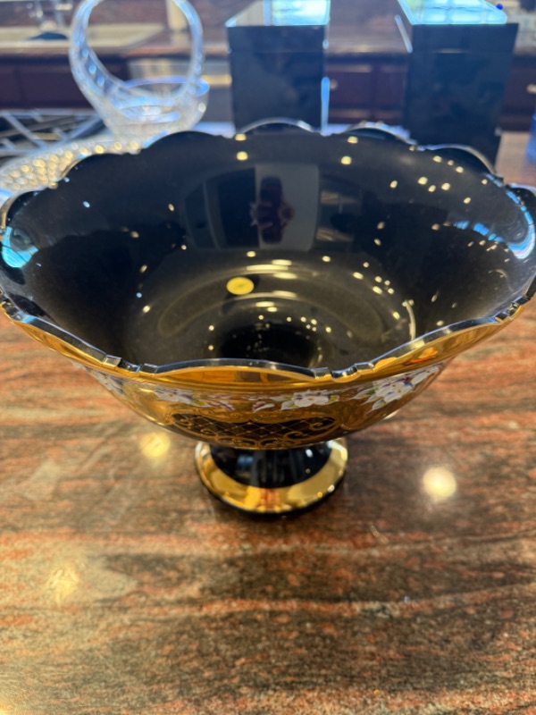 Photo 1 of HAND MADE BOHEMIAN CRYSTAL COBALT BLUE W GOLD SCALLOPED FOOTED BOWL