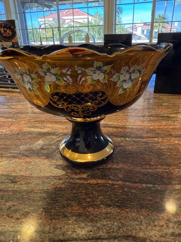 Photo 1 of HAND MADE BOHEMIAN CRYSTAL COBALT BLUE W GOLD SCALLOPED FOOTED BOWL