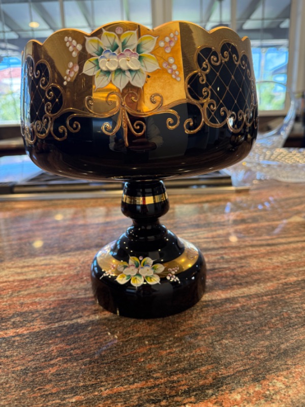 View 7 of SLAVIA BOHEMIAN CRYSTAL FOOTED COBALT BLUE W GOLD ACCENT  BOWL/VASE D10" H 8"