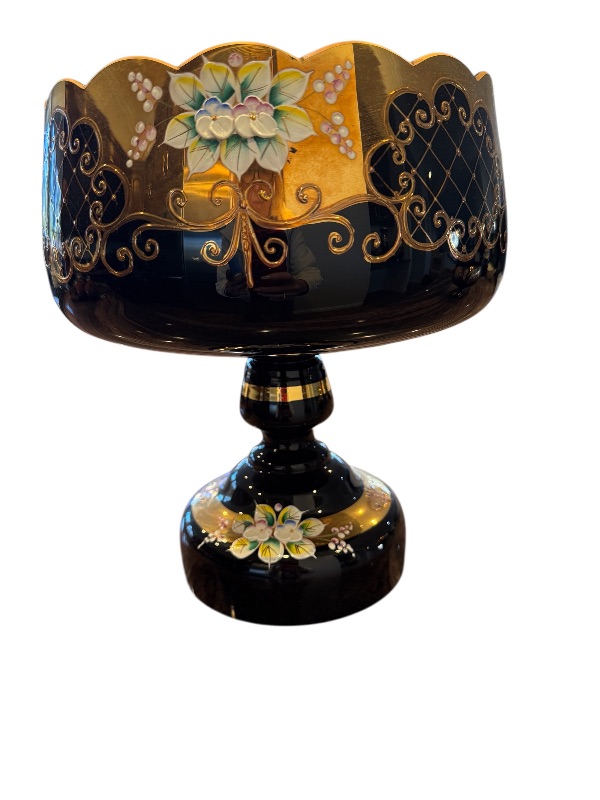 View 1 of SLAVIA BOHEMIAN CRYSTAL FOOTED COBALT BLUE W GOLD ACCENT  BOWL/VASE D10" H 8"