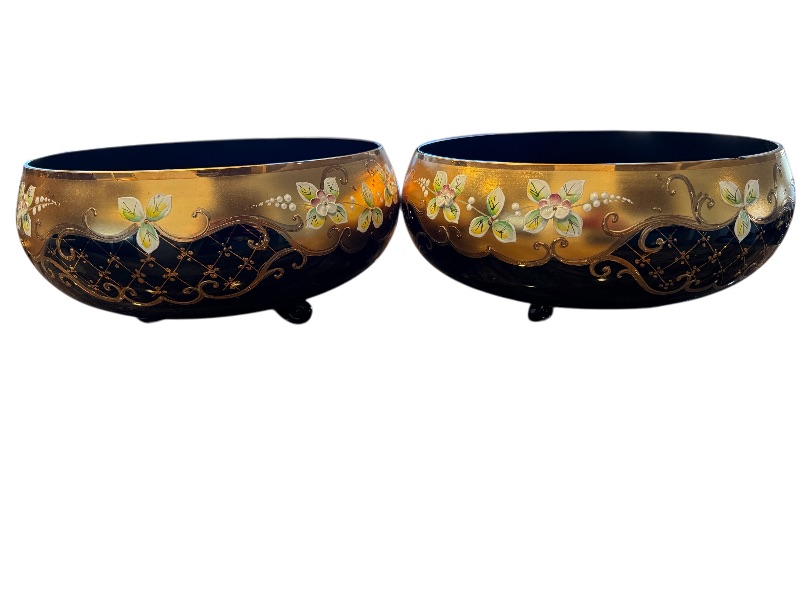 Photo 1 of 2-SLAVIA BOHEMIAN CRYSTAL COBALT BLUE W GOLD ACCENT BOWLS