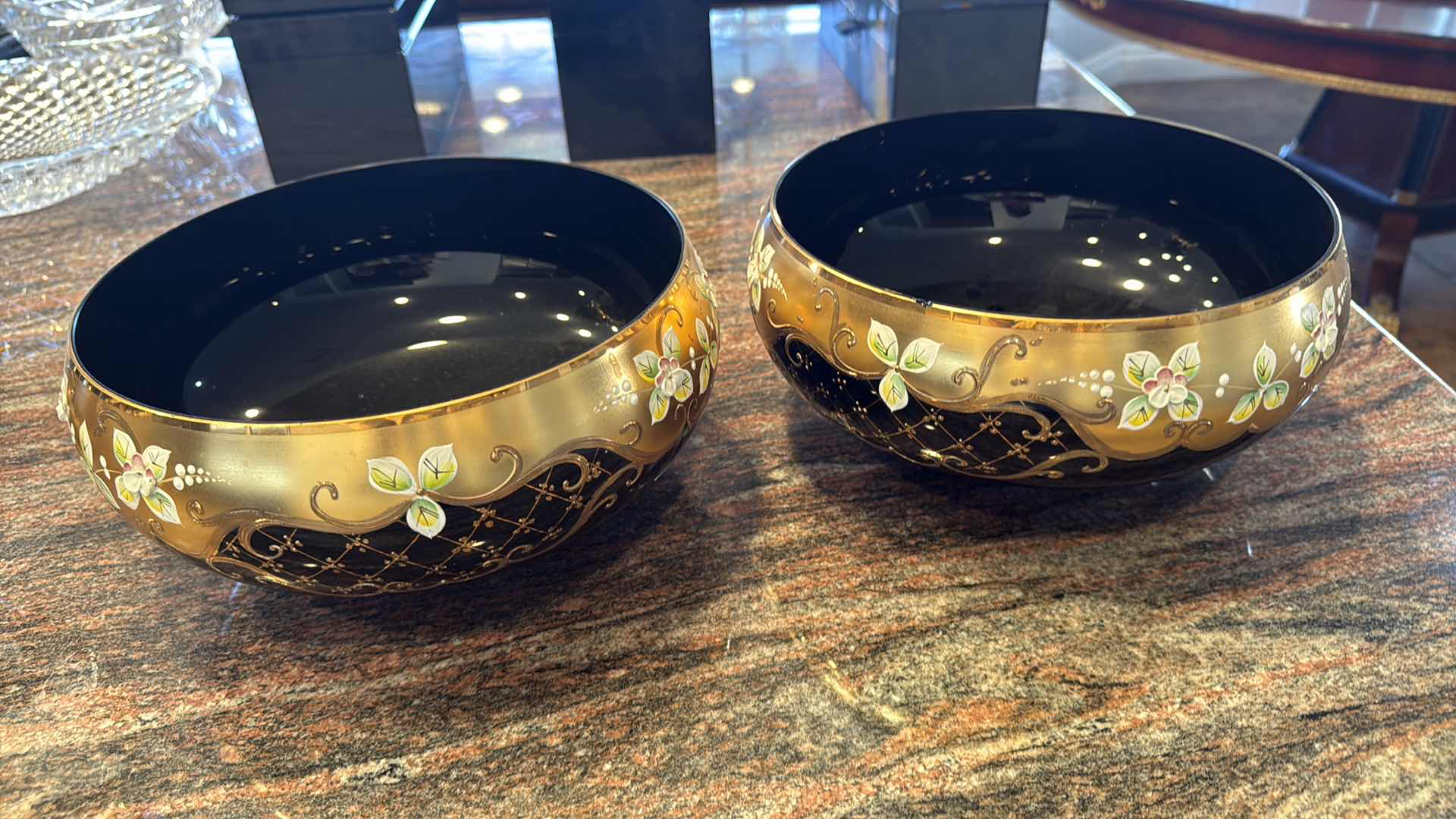 Photo 1 of 2-SLAVIA BOHEMIAN CRYSTAL COBALT BLUE W GOLD ACCENT BOWLS