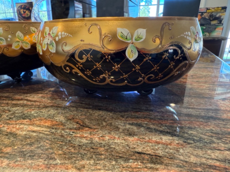 Photo 1 of 2-SLAVIA BOHEMIAN CRYSTAL COBALT BLUE W GOLD ACCENT BOWLS