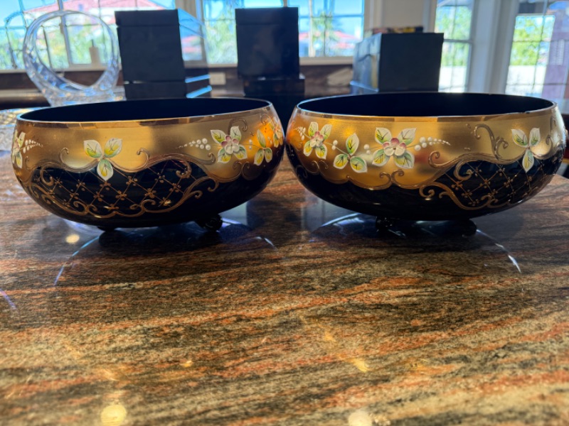 Photo 1 of 2-SLAVIA BOHEMIAN CRYSTAL COBALT BLUE W GOLD ACCENT BOWLS