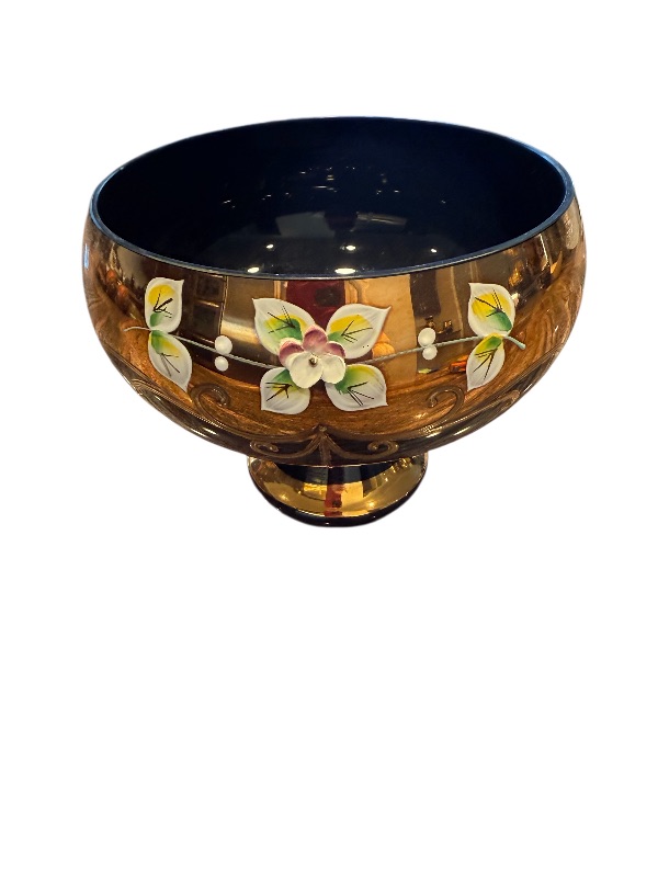 Photo 1 of HANDMADE BOHEMIAN CZECH CRYSTAL COBALT BLUE W GOLD ACCENT FOOTED BOWL