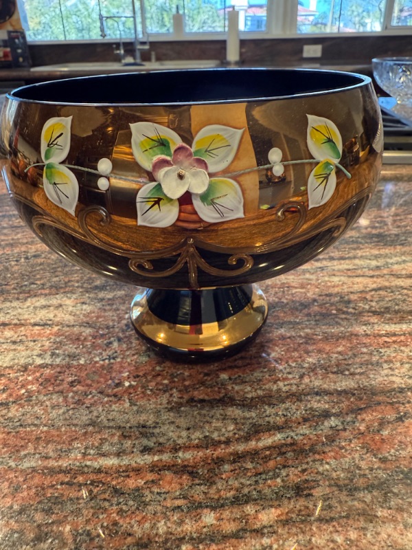 Photo 1 of HANDMADE BOHEMIAN CZECH CRYSTAL COBALT BLUE W GOLD ACCENT FOOTED BOWL