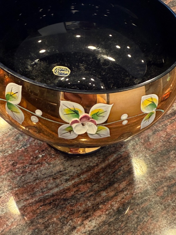 Photo 1 of HANDMADE BOHEMIAN CZECH CRYSTAL COBALT BLUE W GOLD ACCENT FOOTED BOWL