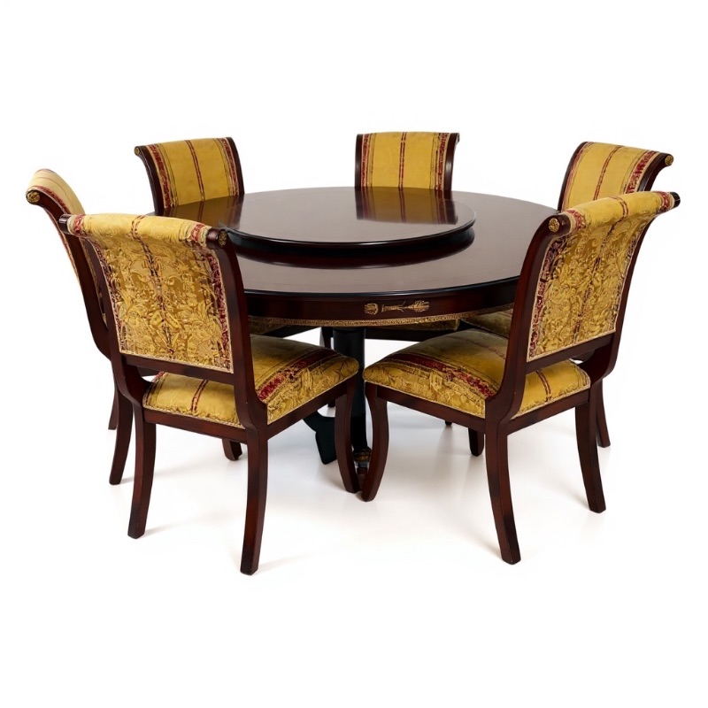 Photo 1 of 70” ROUND VERSACE-STYLE SOLID WOOD TABLE W GOLD TRIMMINGS & LAZY SUSAN CENTER H30” (CHAIRS SOLD SEPARATELY)