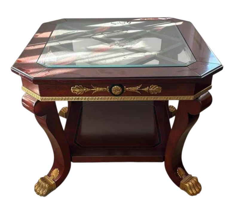 Photo 1 of VERSACE-STYLE SOLID WOOD SIDE TABLE W GOLD TRIMMING   31”x30” H23