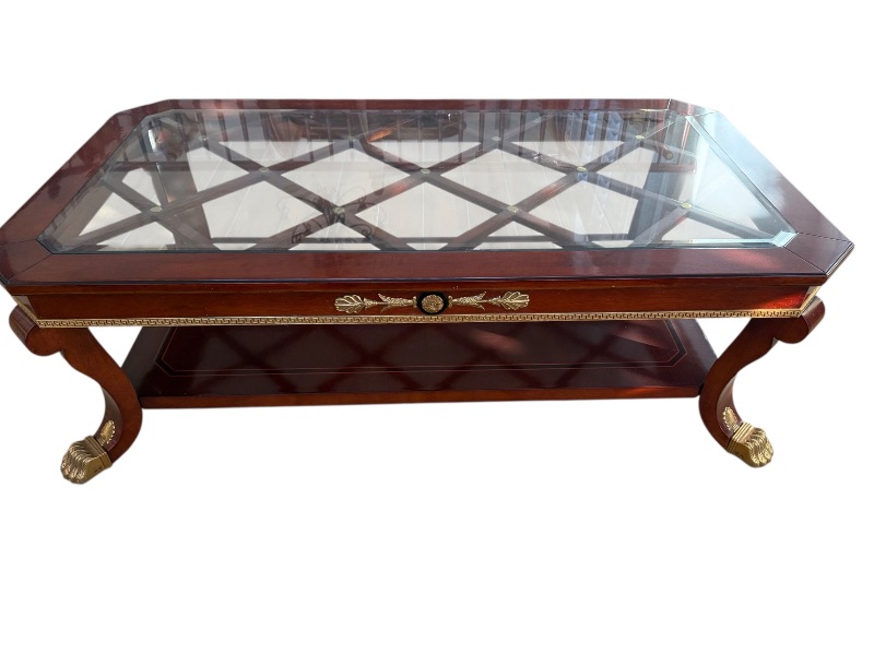 Photo 1 of VERSACE-STYLE SOLID WOOD COFFEE TABLE W GLASS TOP & GOLD TRIMMINGS 59” x 33” H19"