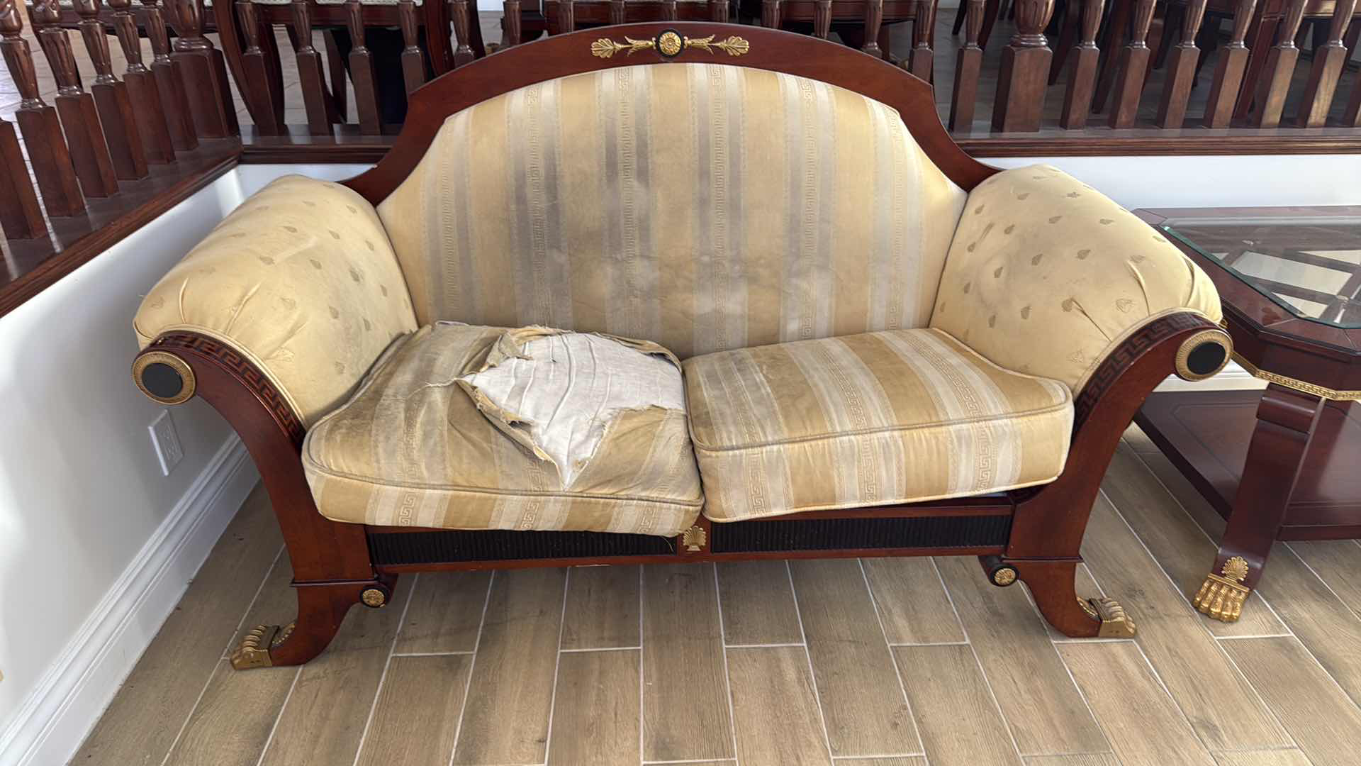 Photo 1 of VERSACE-STYLE SOLID WOOD W GOLD & BLACK TRIMMING LOVESEAT 68” x 33” (NEEDS REUPHOLSTERED, CUSHIONS TORN)-FRAME IN GOOD CONDITION