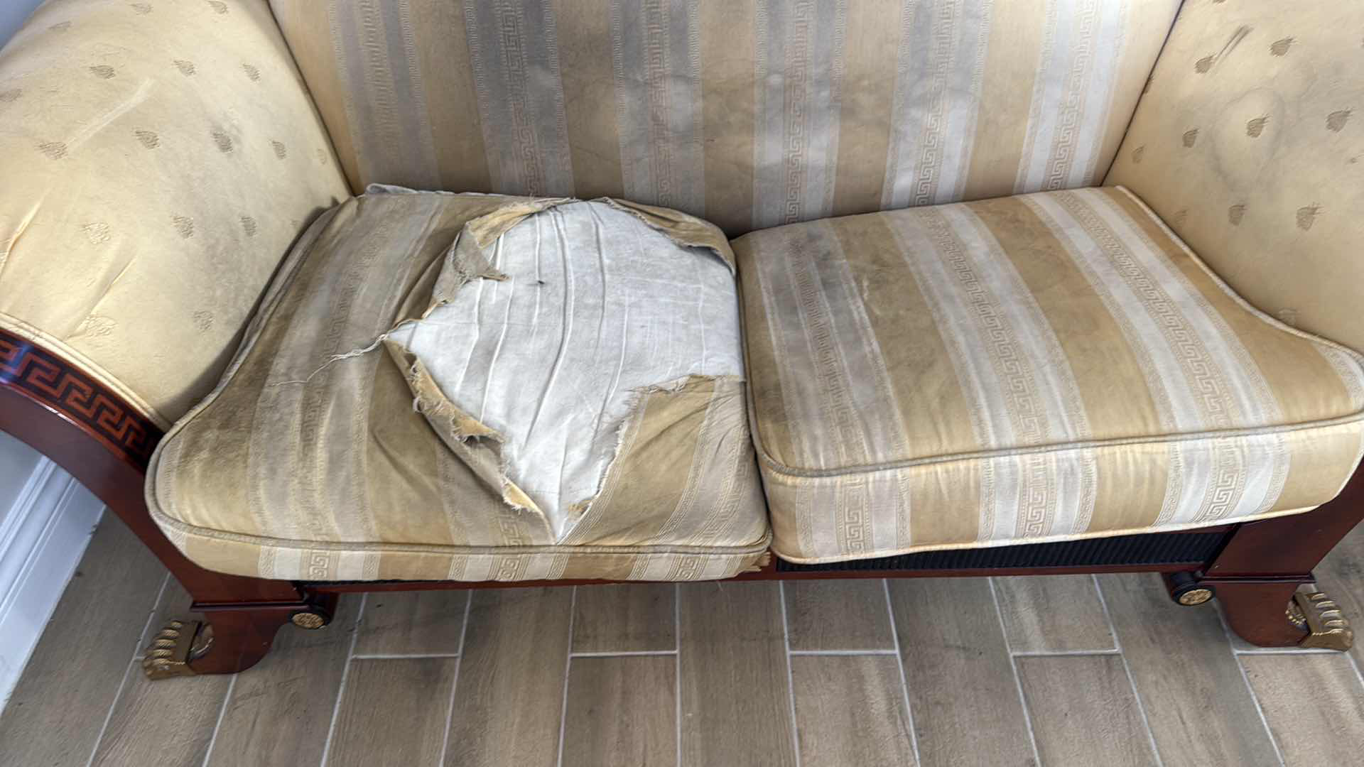 Photo 1 of VERSACE-STYLE SOLID WOOD W GOLD & BLACK TRIMMING LOVESEAT 68” x 33” (NEEDS REUPHOLSTERED, CUSHIONS TORN)-FRAME IN GOOD CONDITION