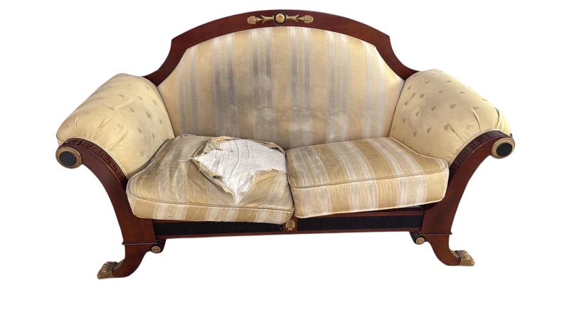 Photo 1 of VERSACE-STYLE SOLID WOOD W GOLD & BLACK TRIMMING LOVESEAT 68” x 33” (NEEDS REUPHOLSTERED, CUSHIONS TORN)-FRAME IN GOOD CONDITION