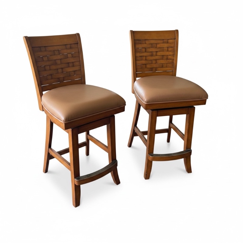 Photo 1 of 2-MAHOGANY WOVEN BACK SWIVEL BAR STOOLS W BROWN VINYL PADDED SEAT