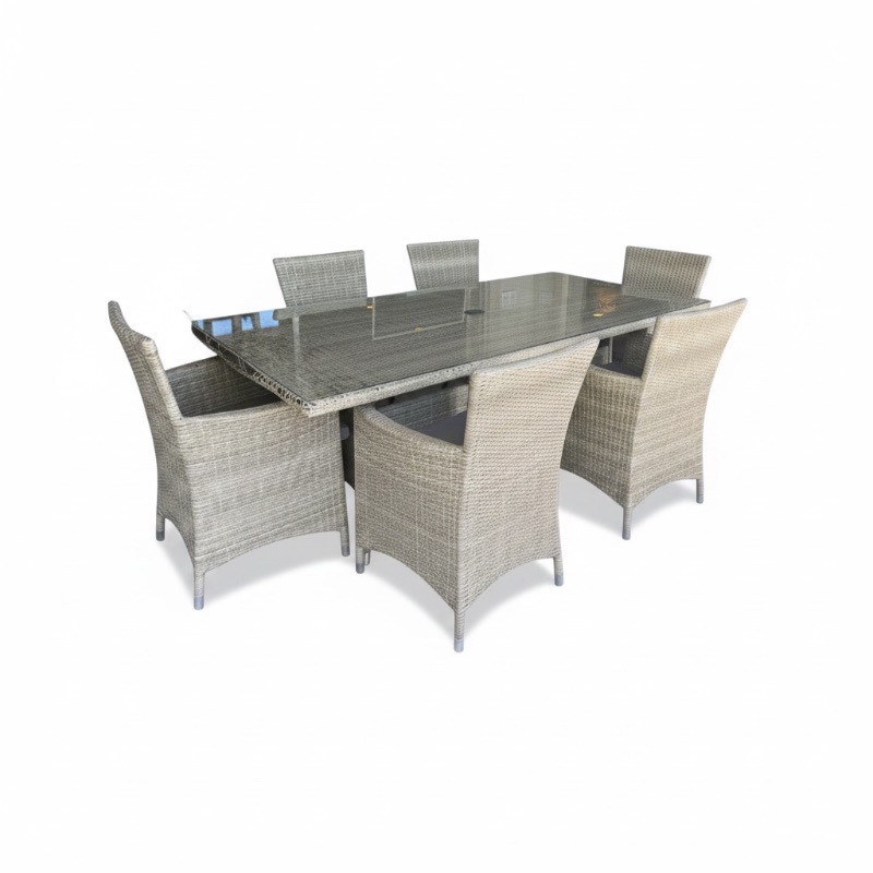 Photo 1 of WICKER PATIO LIGHT GRAY TABLE W GLASS TOP PROTECTOR & 6 ARM CHAIRS 79” x 40” H29” (SEE NOTES)