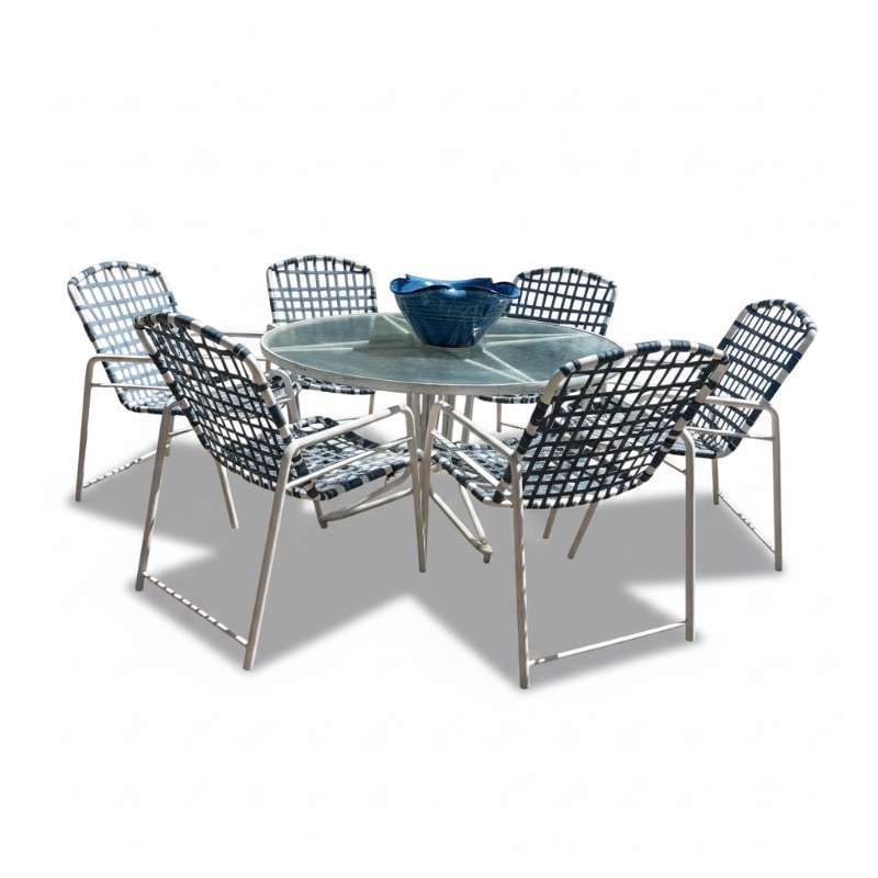 Photo 1 of 48” ROUND WHITE METAL PATIO TABLE  W GLASS TOP & 6 ARM CHAIRS