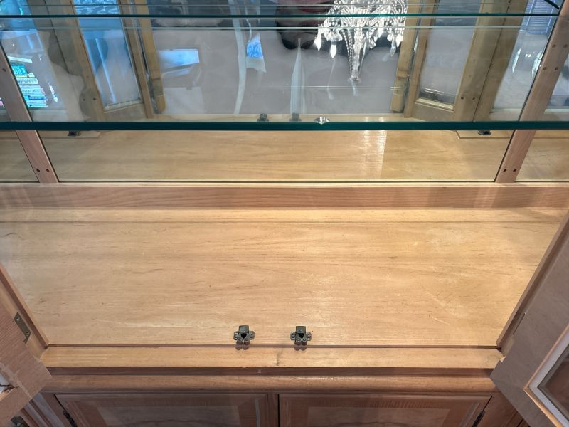 Photo 1 of VINTAGE DREXEL HERITAGE “CORINTHIAN” BURLED OLIVE & ASH CHINA CABINET W/LIGHTING 3-SHELVES AND CABINETS UNDERNEATH 68”X17”XH83” $995
