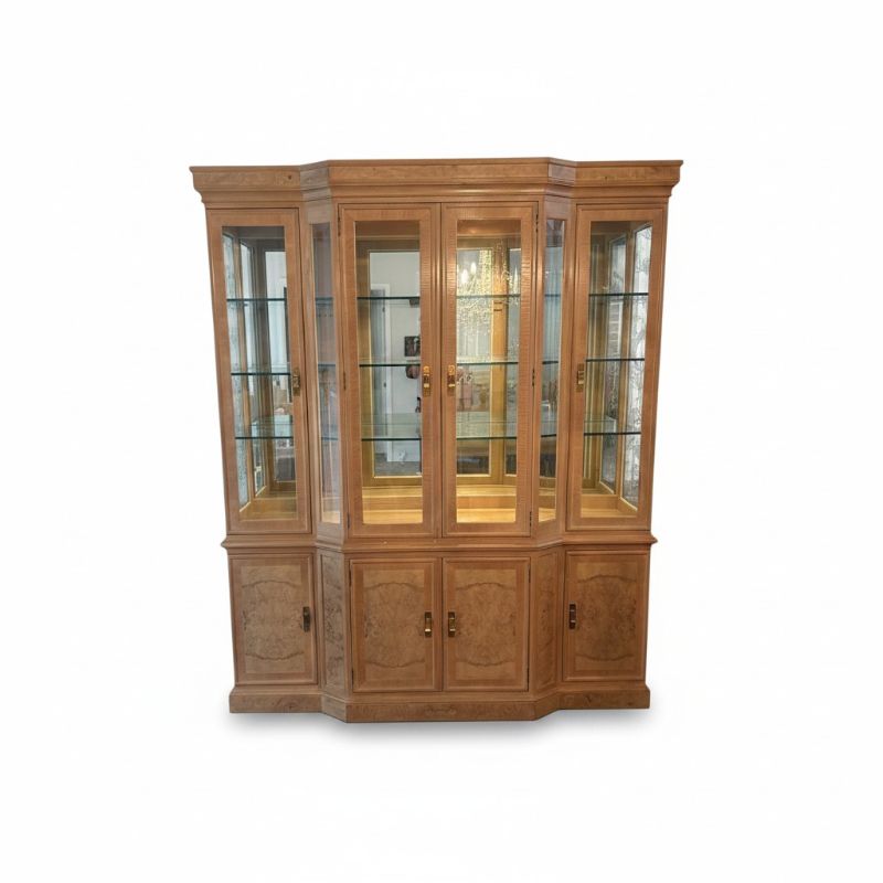 Photo 1 of VINTAGE DREXEL HERITAGE “CORINTHIAN” BURLED OLIVE & ASH CHINA CABINET W/LIGHTING 3-SHELVES AND CABINETS UNDERNEATH 68”X17”XH83” $995