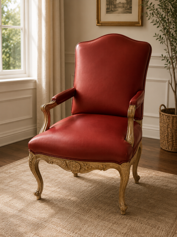 Photo 1 of FROM THE WYNN ESTATE RED LEATHER FRENCH LOUIS XV STYLE ARMCHAIR W WHITE WASHED CARVED WOOD FRAME