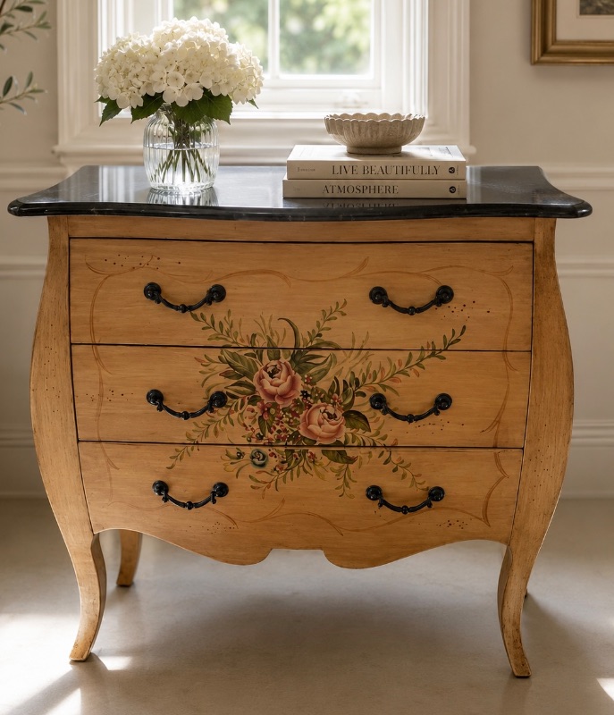 Photo 1 of VINTAGE STYLE BOMBE CHEST W HAND PAINTED FLORAL DESIGN CURVED DRAWERS 34" X 17" H 32"